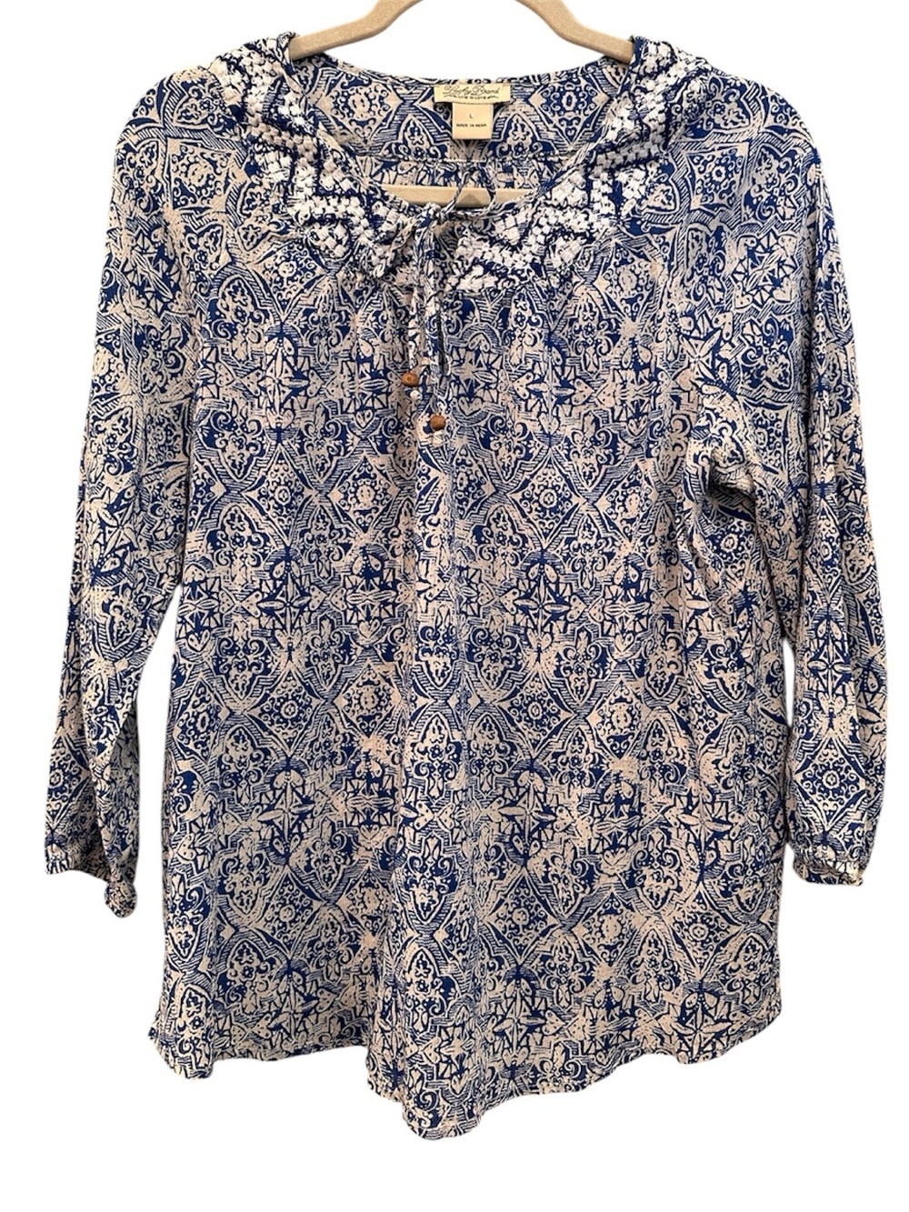 Boho Tie Neck Blouse Top Printed Peasant Beads Flowy Gypsy Lightweight Sz L
